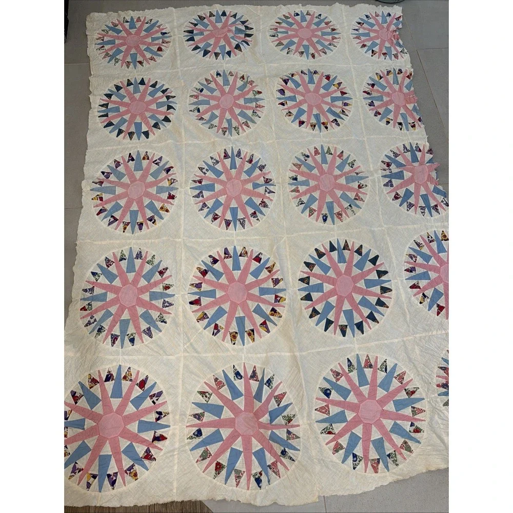 vintage quilt top  sunburst  star pinwheel block patchwork 89x62 Unfinished